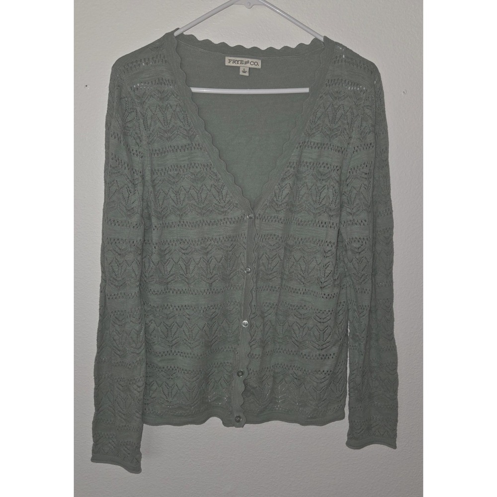 Frye Womens Sage Green Pointelle Crochet knit Cardigan Sweater Scallop V-Neck L